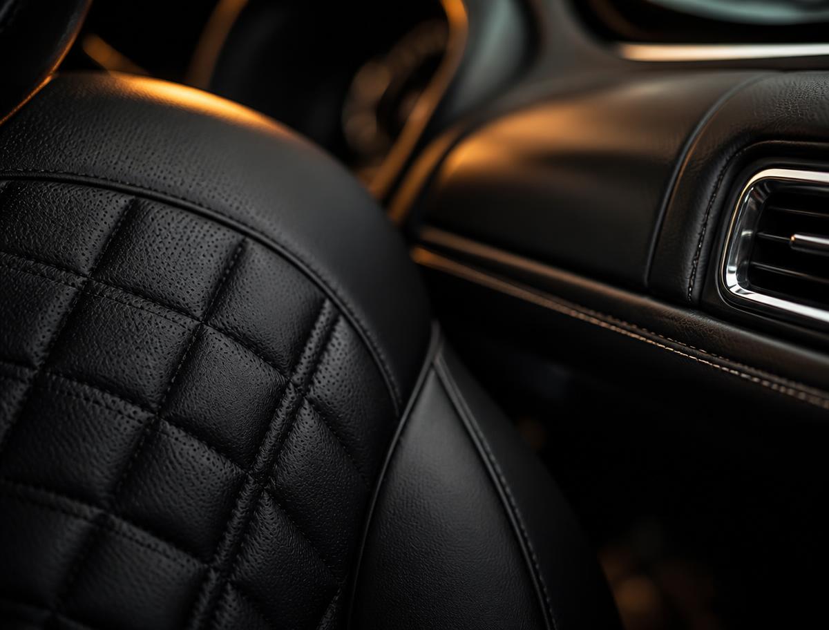 Freshly detailed quilted black leather car interior