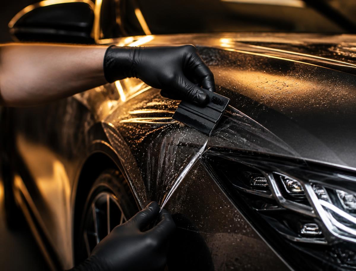 Technician installing clear paint protection film on a luxury car fender