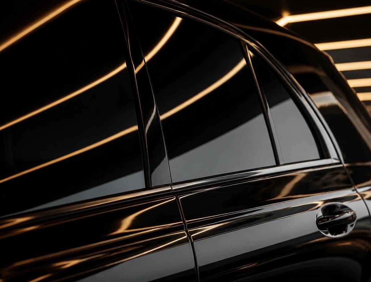 Ceramic window tint applied to a luxury car side window