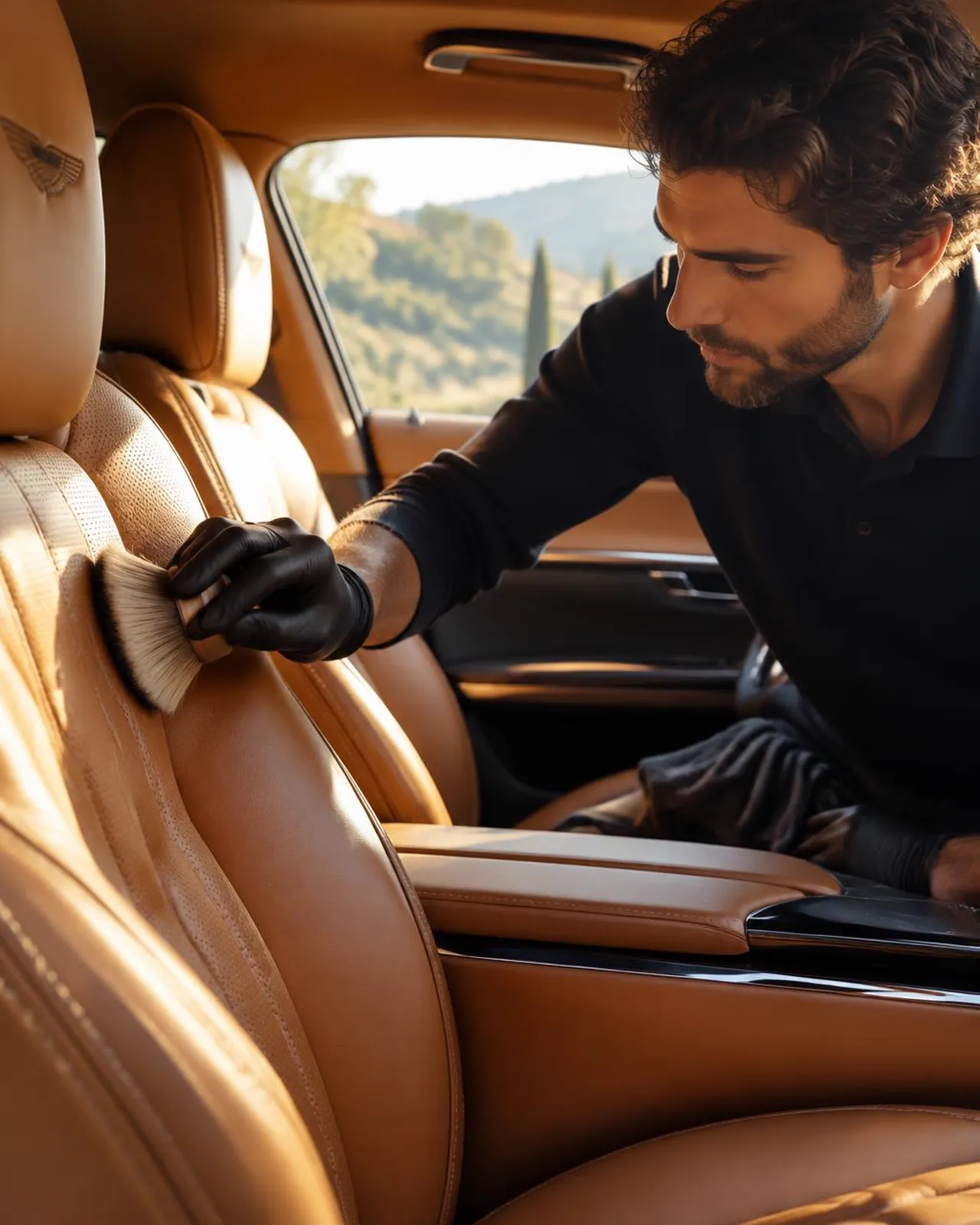 Detailer brushing a tan leather seat during interior detailing
