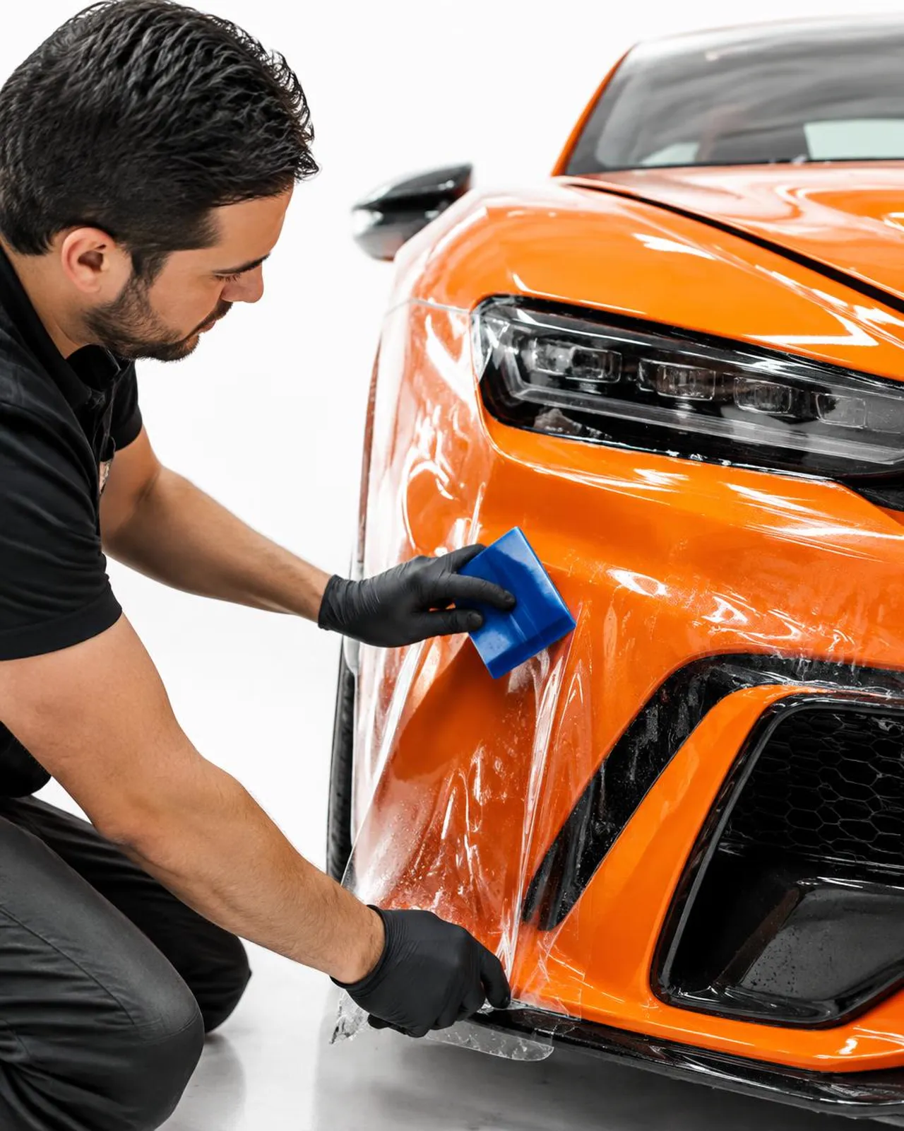 Installer fitting paint protection film to an orange supercar bumper